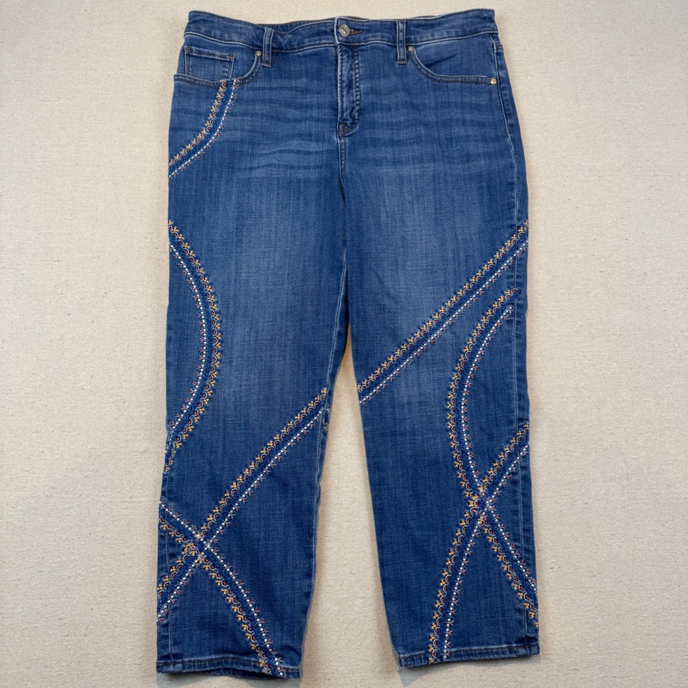 Chico's 12 So Slimming Girlfriend Crop Jeans Women Blue Embroidered Beaded 2